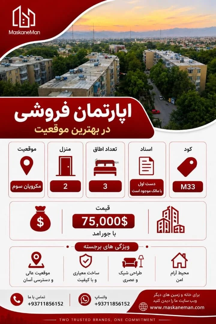 آپارتمان ۳‌اتاقه با سیستم گرمایش مرکزی در مکروریان، کابل